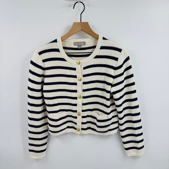 J. Crew Emilie Sweater Lady Jacket Stripe Crop Button Front Navy White Size S - Picture 2 of 8